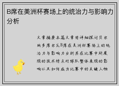B席在美洲杯赛场上的统治力与影响力分析