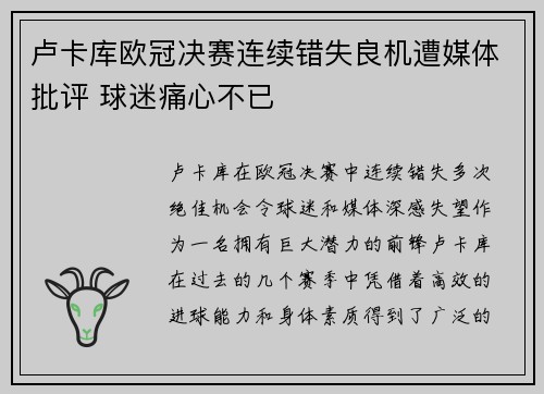 卢卡库欧冠决赛连续错失良机遭媒体批评 球迷痛心不已