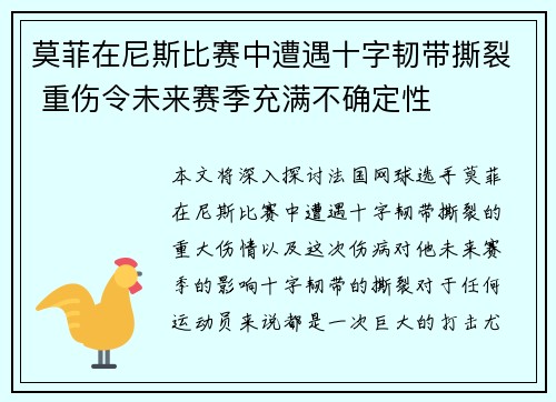 莫菲在尼斯比赛中遭遇十字韧带撕裂 重伤令未来赛季充满不确定性